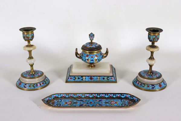Russian desk service in light blue cloisonné enamel, with floral motif decorations (4 pcs)