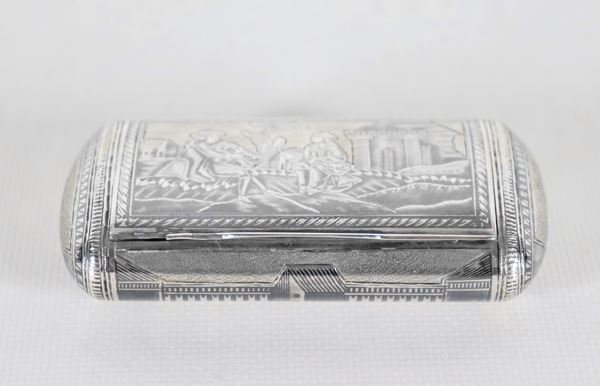 Ancient Russian snuffbox in nielloed silver, with engravings of gallant scene and castle, gr. 115
