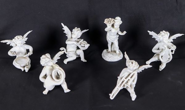 Lot of six white Capodimonte porcelain figurines "Puttini musicians"