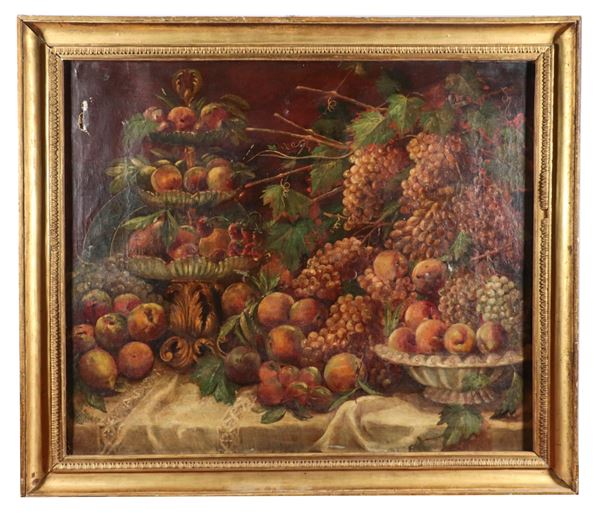 Scuola Napoletana Fine XVIII - Inizio XIX Secolo - "Natura morta di frutta e vasellame", dipinto ad olio su tela