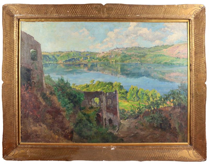 Firmato e datato 1928. "Il Lago di Nemi", dipinto ad olio su tela di ottima esecuzione pittorica