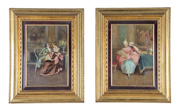Fioravanti Ugo (XIX-XX Secolo) - Firmati. "Il salotto dei nobili con scene galanti", coppia di piccoli dipinti ad olio su tela applicata a cartone