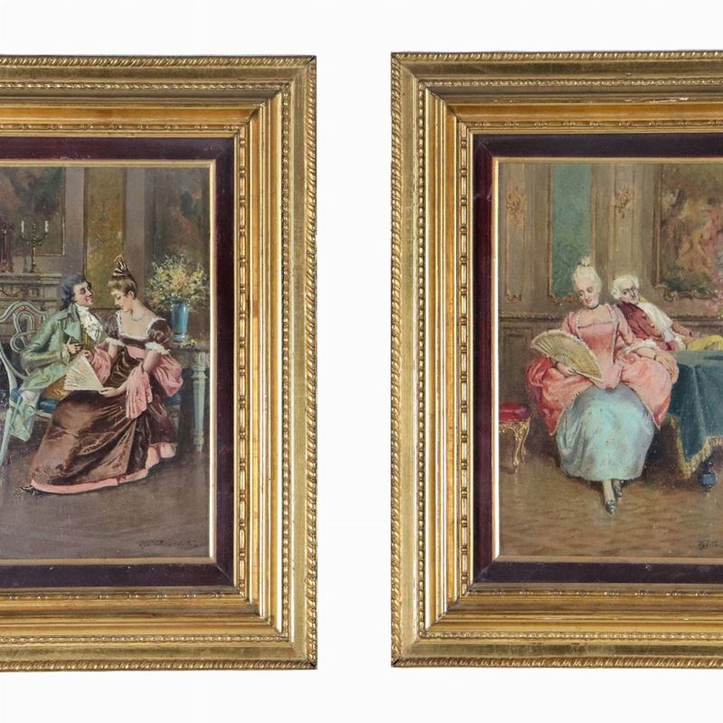 Firmati. "Il salotto dei nobili con scene galanti", coppia di piccoli dipinti ad olio su tela app...