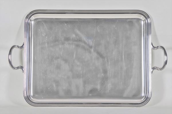 Large rectangular tray with two handles in silver metal