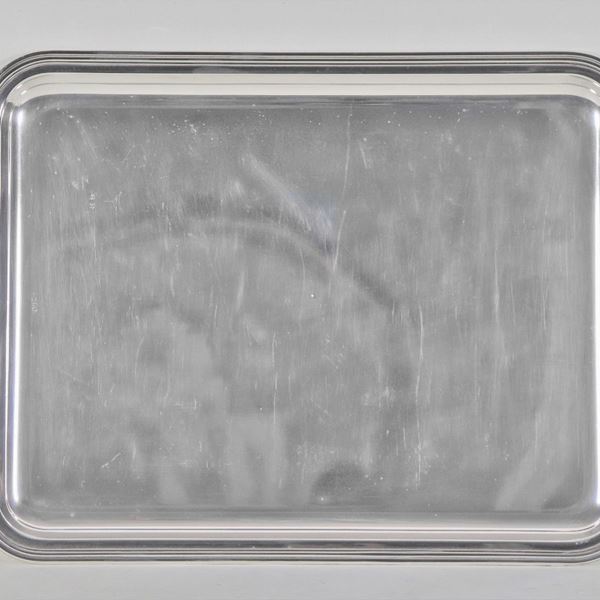 Large rectangular tray with two handles in silver metal