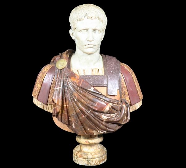 "Roman Emperor", bust in various precious marbles, base with a turned column section