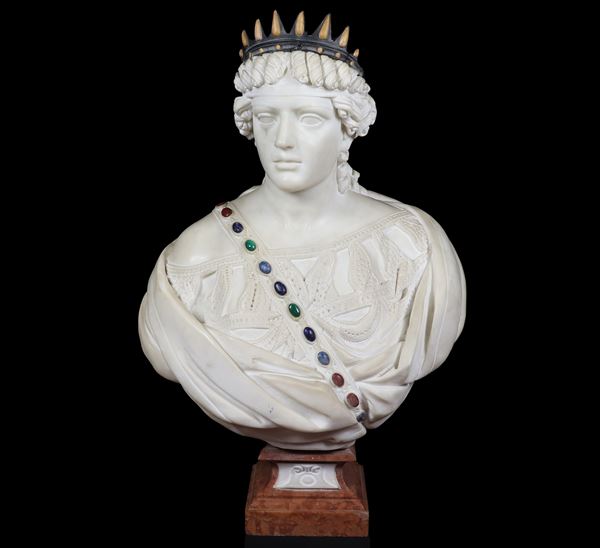 "L'Europa", white marble bust with polychrome marble crown and beaded band, quadrangular base