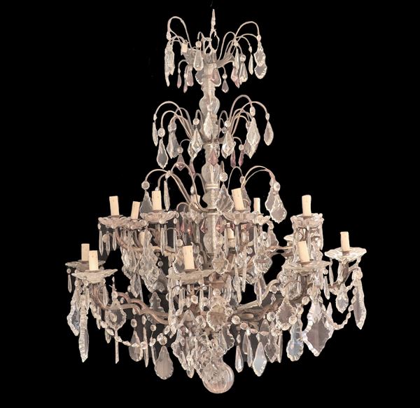 Large French basket chandelier in bronze, with crystal prisms and calatines, 16 lights