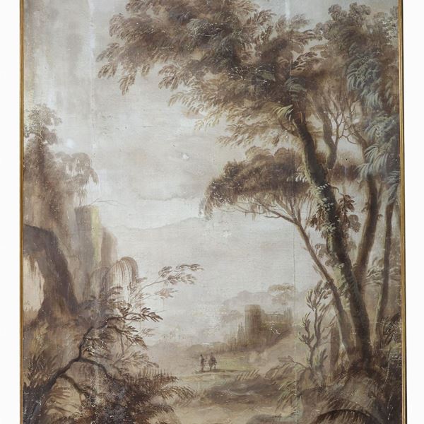 Giuseppe Latini detto il Maestro del Ricciolo - "Paesaggio con alberi e figure", grande dipinto a tempera su tela a fondo monocromo