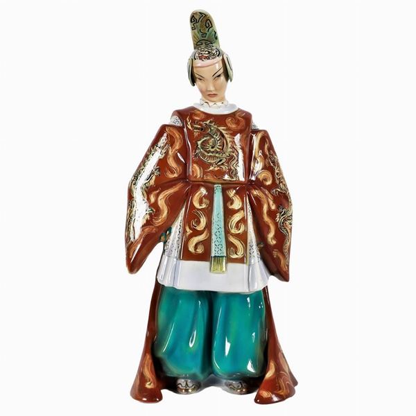 Scultura "Imperatore" in terracotta maiolicata, decorata in policromia sotto vernice. Firmata Ceramiche "Le Bertetti - Torino" numero 77