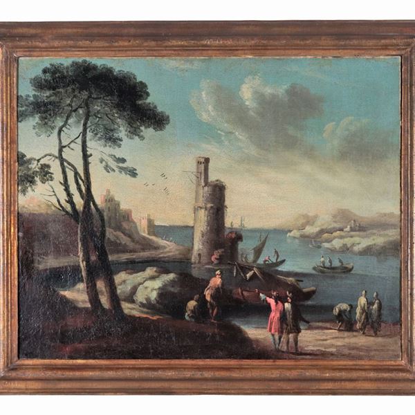 Scuola Italiana Met&#224; XVII Secolo - "Marina con veduta di porticciolo, cavalieri e pescatori", dipinto ad olio su tela