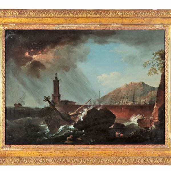 Scuola Italiana Fine XVII - Inizio XVIII Secolo - "Veduta di porto con faro e naufragio", dipinto ad olio su tela