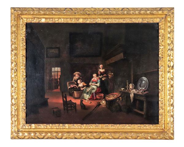 Pittore Fiammingo Fine XVII Secolo - "Interno di locanda con cucina e personaggi", dipinto ad olio su tavola