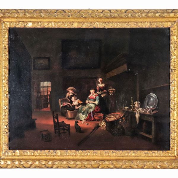 Pittore Fiammingo Fine XVII Secolo - "Interno di locanda con cucina e personaggi", dipinto ad olio su tavola