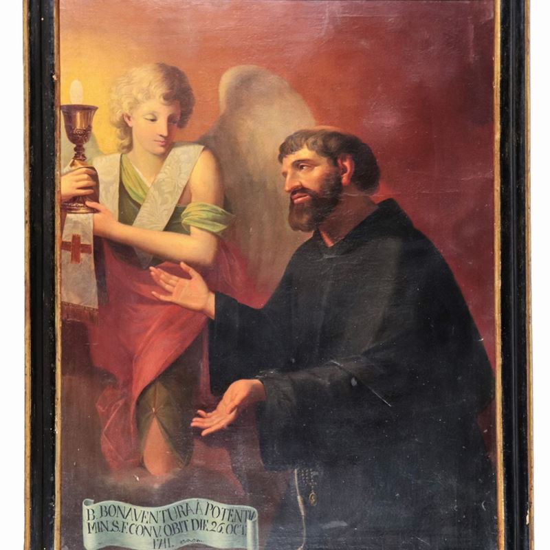 Firmato Joseph Pirovani Romae P. "Beato Bonaventura da Potenza", pregevole dipinto ad olio su tel...