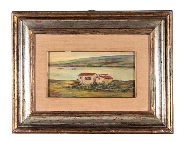 Scuola Italiana Inizio XX Secolo - Signed. "View of peasant houses on the river and fishing boats", small oil painting on cardboard