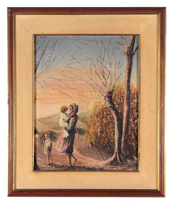 Scuola Italiana XX Secolo - Signed. "Woodland landscape with peasant woman and little children", oil painting on plywood