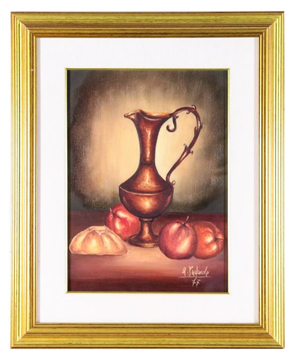 Scuola Italiana XX Secolo - Signed. "Jug with vegetables and bread", oil painting on canvas