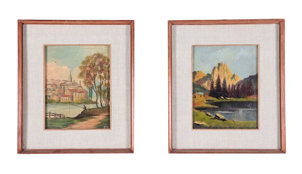 Scuola Italiana XX Secolo - "View of a mountain lake" and "Fisherman with a view of the city", pair of small oil paintings on panel