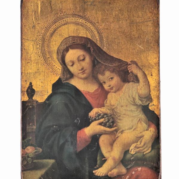 Oleografia a colori su tavola "Madonna con Bambino e grappolo d'uva"