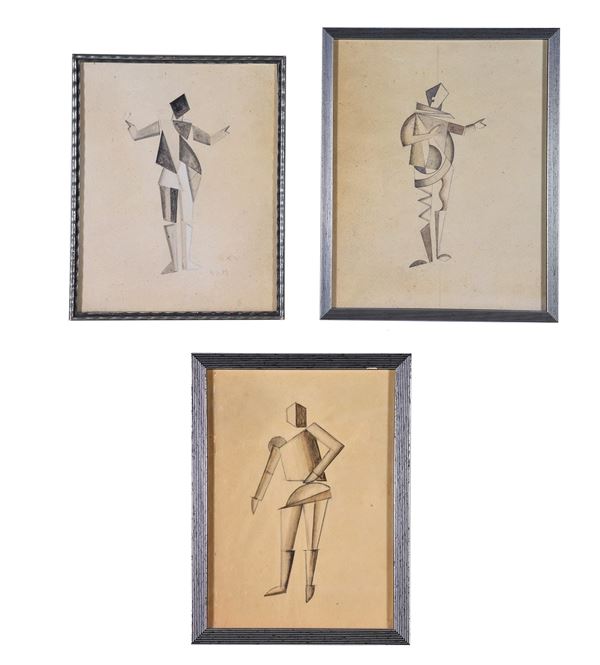 Pittore Russo - Arte Contemporanea - "Studi di manichini astratti", lotto di tre disegni a matita su carta 