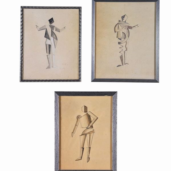 Pittore Russo - Arte Contemporanea - "Studi di manichini astratti", lotto di tre disegni a matita su carta 