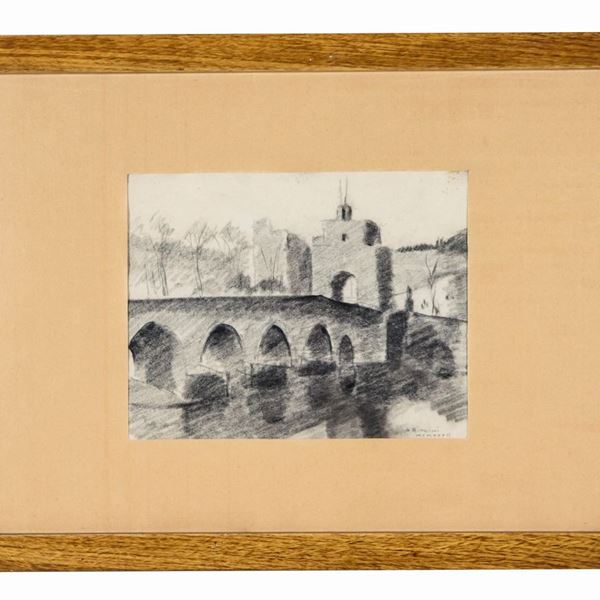 Alfredo Biagini - Signed and dated 1932. "View of Ponte Milvio", small charcoal and pencil drawing