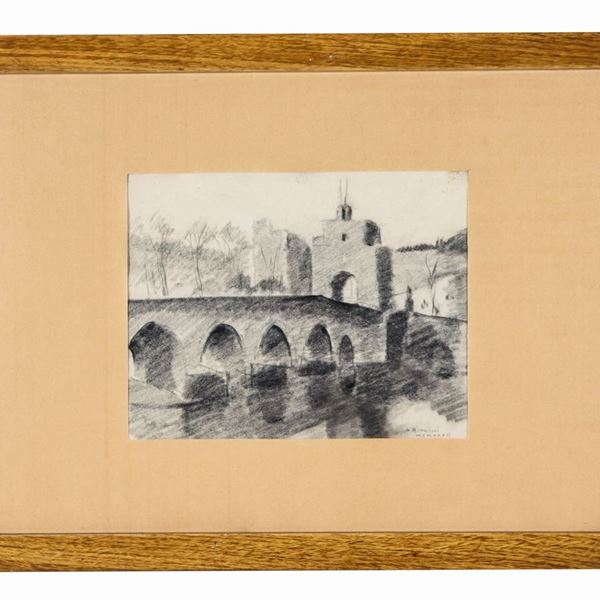 Alfredo Biagini - Firmato e datato 1932. "Veduta di ponte Milvio", piccolo disegno a carboncino e matita