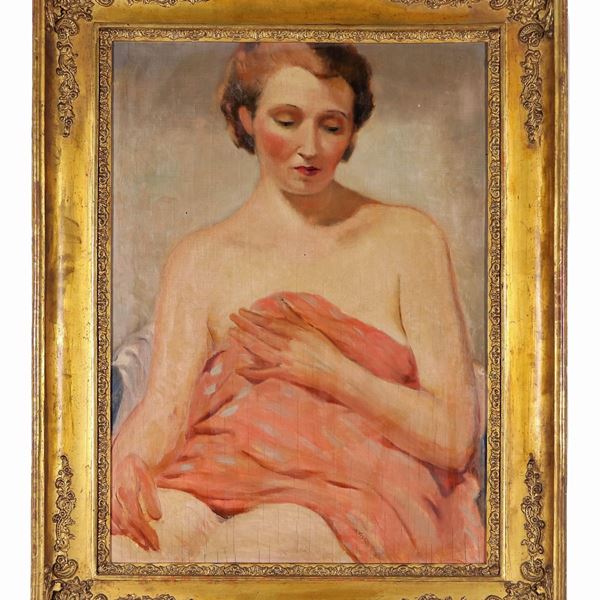 Pittore Italiano Inizio XX Secolo - "Ritratto di giovane donna con drappo rosso", dipinto ad olio su compensato