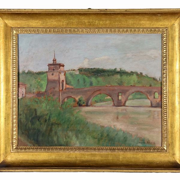 Wanda Biagini - Signed. "View of Ponte Milvio with the Tiber", oil painting on plywood