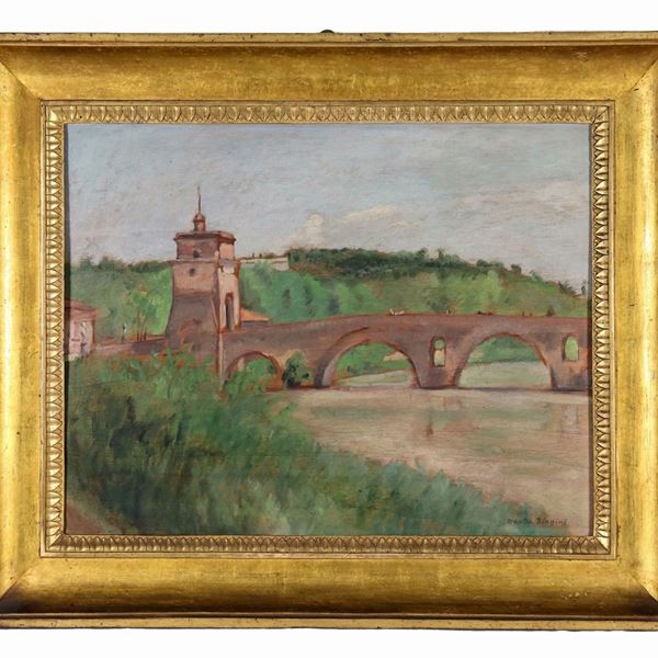 Wanda Biagini - Firmato. "Veduta di Ponte Milvio con il Tevere", dipinto ad olio su compensato