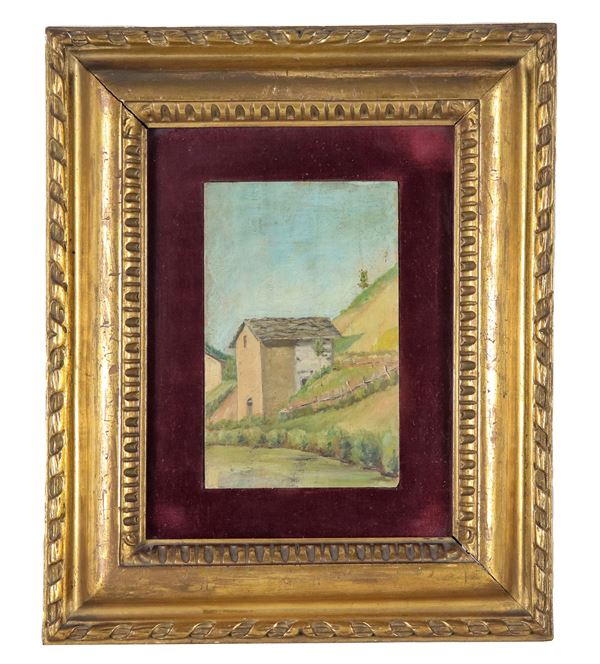 Niccol&#242; Cannicci - "Casa collinare", piccolo bozzetto dipinto ad olio su compensato