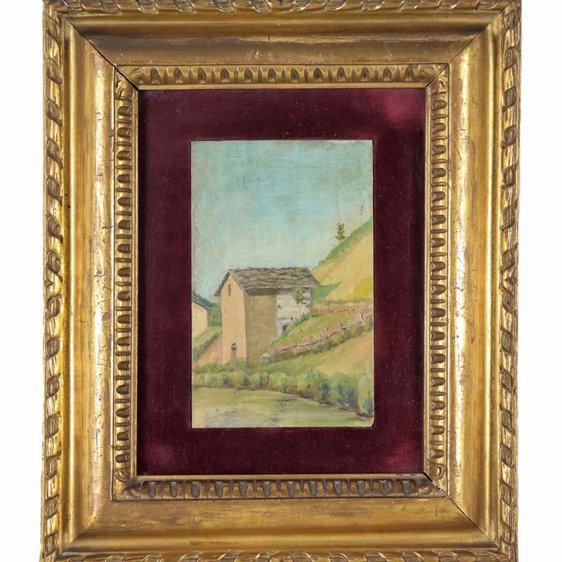 "Casa collinare", piccolo bozzetto dipinto ad olio su compensato