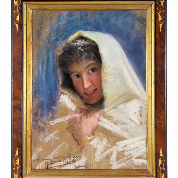 Pittore Italiano Fine XIX Secolo - Firmato e datato Roma 1895. "Ragazza con scialle bianco", pastello su cartone