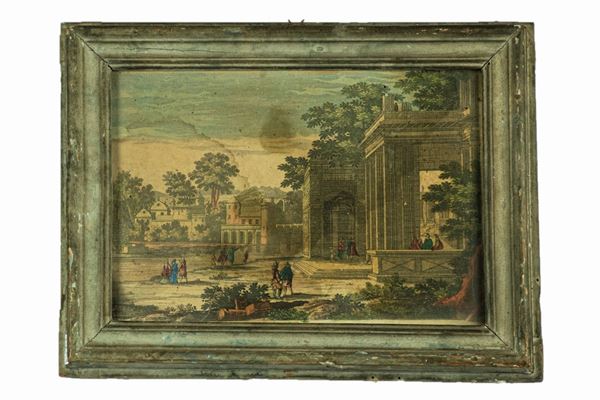 Watercolored engraving &quot;View of palaces with characters&quot;