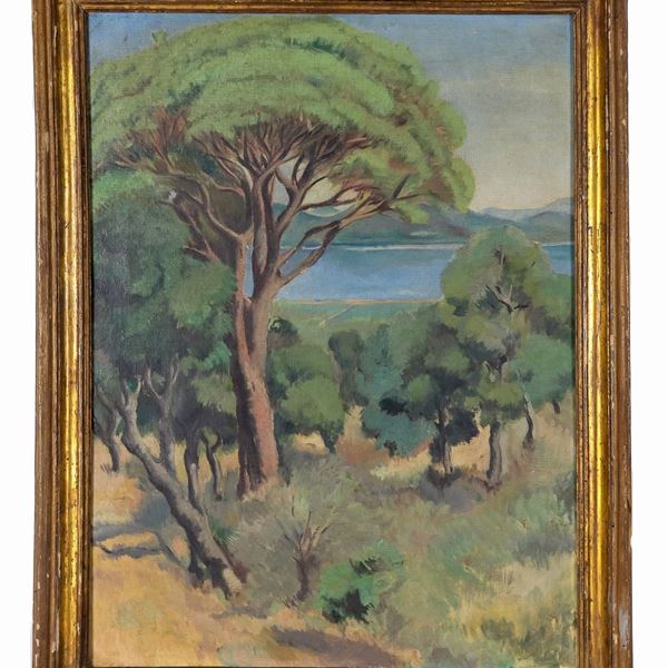 Pittore Italiano Inizio XX Secolo - "Paesaggio con bosco e mare sullo sfondo", dipinto ad olio su tela