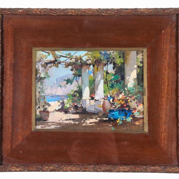 Felice Giordano - Firmato. "Veduta di villa a Capri", piccolo dipinto ad olio su tavoletta