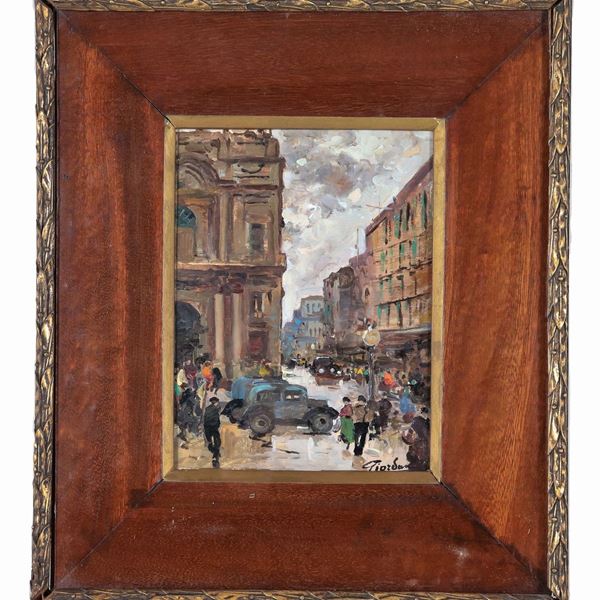 Felice Giordano - Firmato. "Scorcio di vie di Napoli con figure", piccolo dipinto ad olio su tavoletta