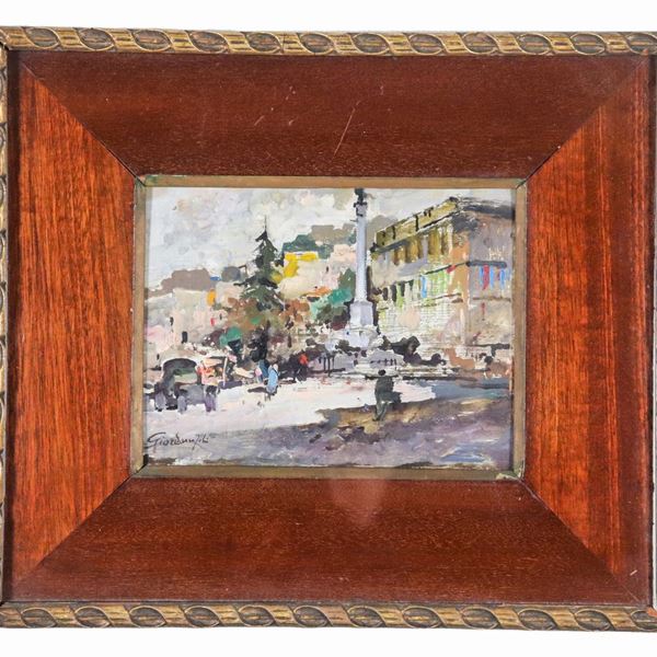 Felice Giordano - Firmato. "Veduta di Piazza dei Martiri a Napoli", piccolo dipinto ad olio su tavoletta