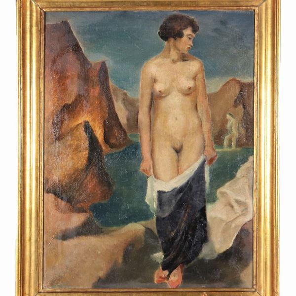 Pittore Italiano Inizio XX Secolo - "Bagnanti nude al laghetto", dipinto ad olio su tela