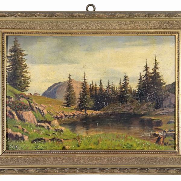 Pittore Austriaco Fine XIX Secolo - Signed and dated. "Alpine lake with fir trees", small oil painting on plywood