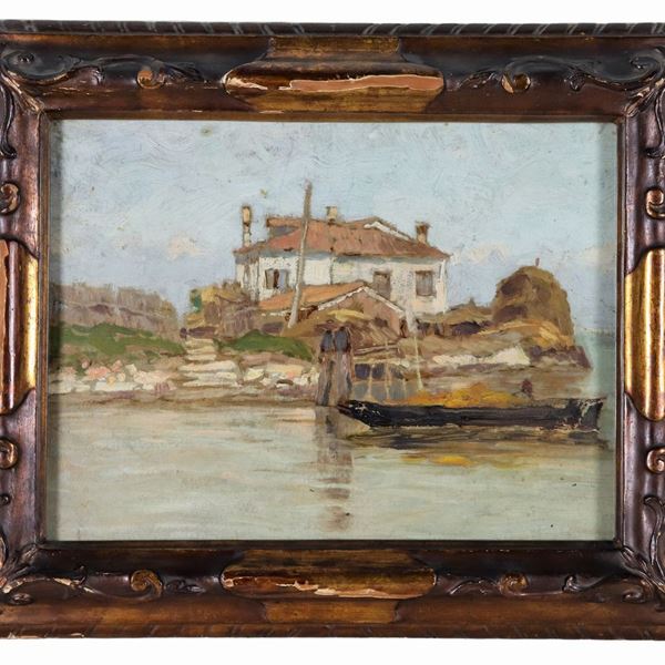 Pittore Italiano Fine XIX Secolo - "Casa contadina sul greto del fiume e barca", dipinto ad olio su cartone