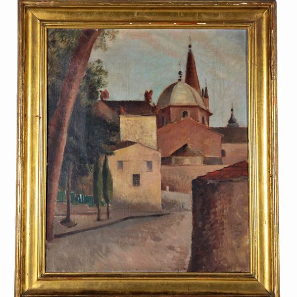Pittore Italiano Fine XIX Secolo - "Scorcio di città con strada", dipinto ad olio su tela