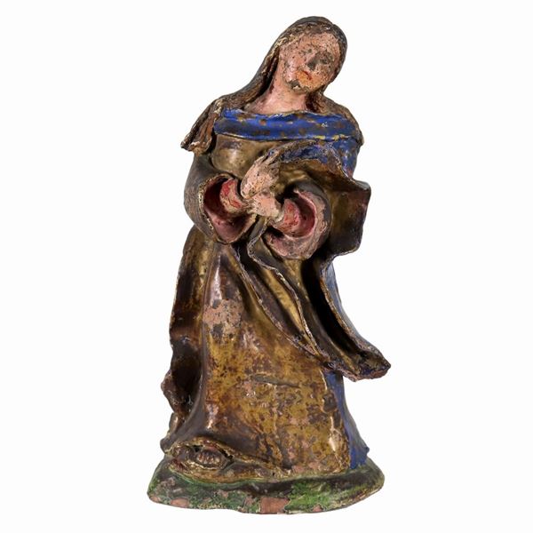 "Madonna", ancient polychrome terracotta sculpture. Defects