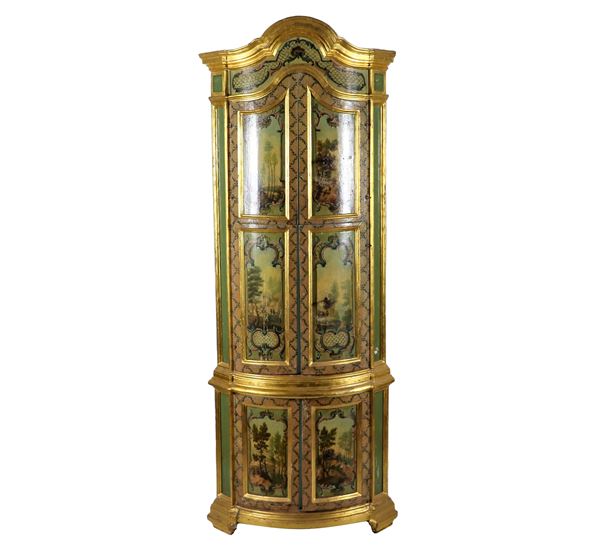 Ancient rounded Venetian corner cupboard, entirely painted with landscape motifs and intertwined cords with gilded wooden profiles and frames, six doors