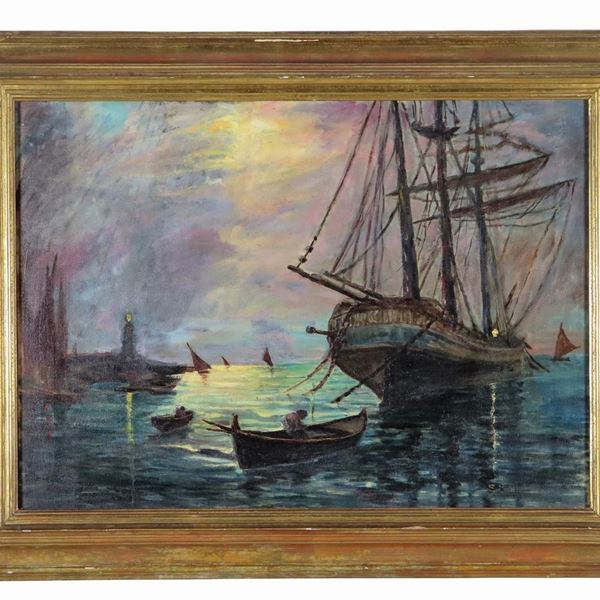 Saturno Bartolomei - Firmato. "Veduta del porto di Gaeta al tramonto con velieri e barche", dipinto ad olio su tela