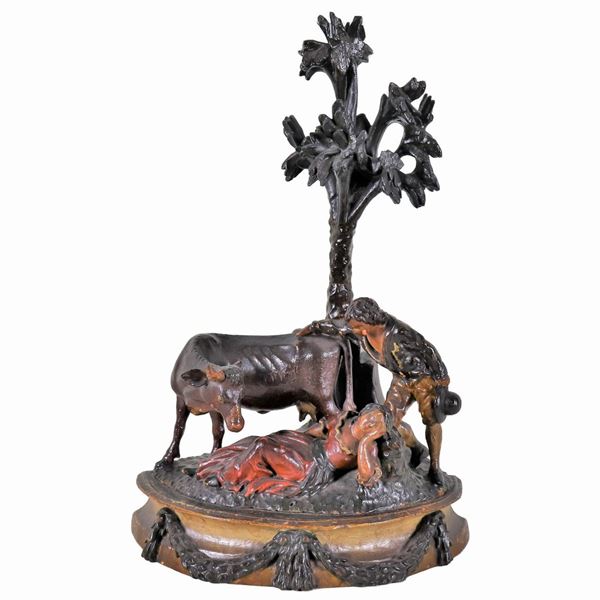 Ancient wooden sculpture "Pastoral scene with peasants and tree"