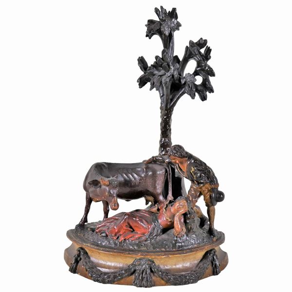 Antica scultura in legno "Scena pastorale con contadini e albero"