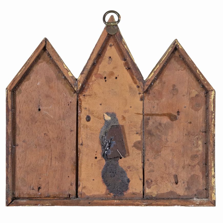 Antico piccolo trittico in argento e legno dorato, "Il Papa con due Sante"
