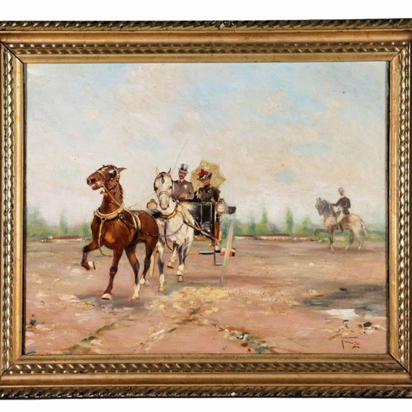 Alfredo Tominz - Firmato. "Passeggiata in carrozza", dipinto ad olio su tela